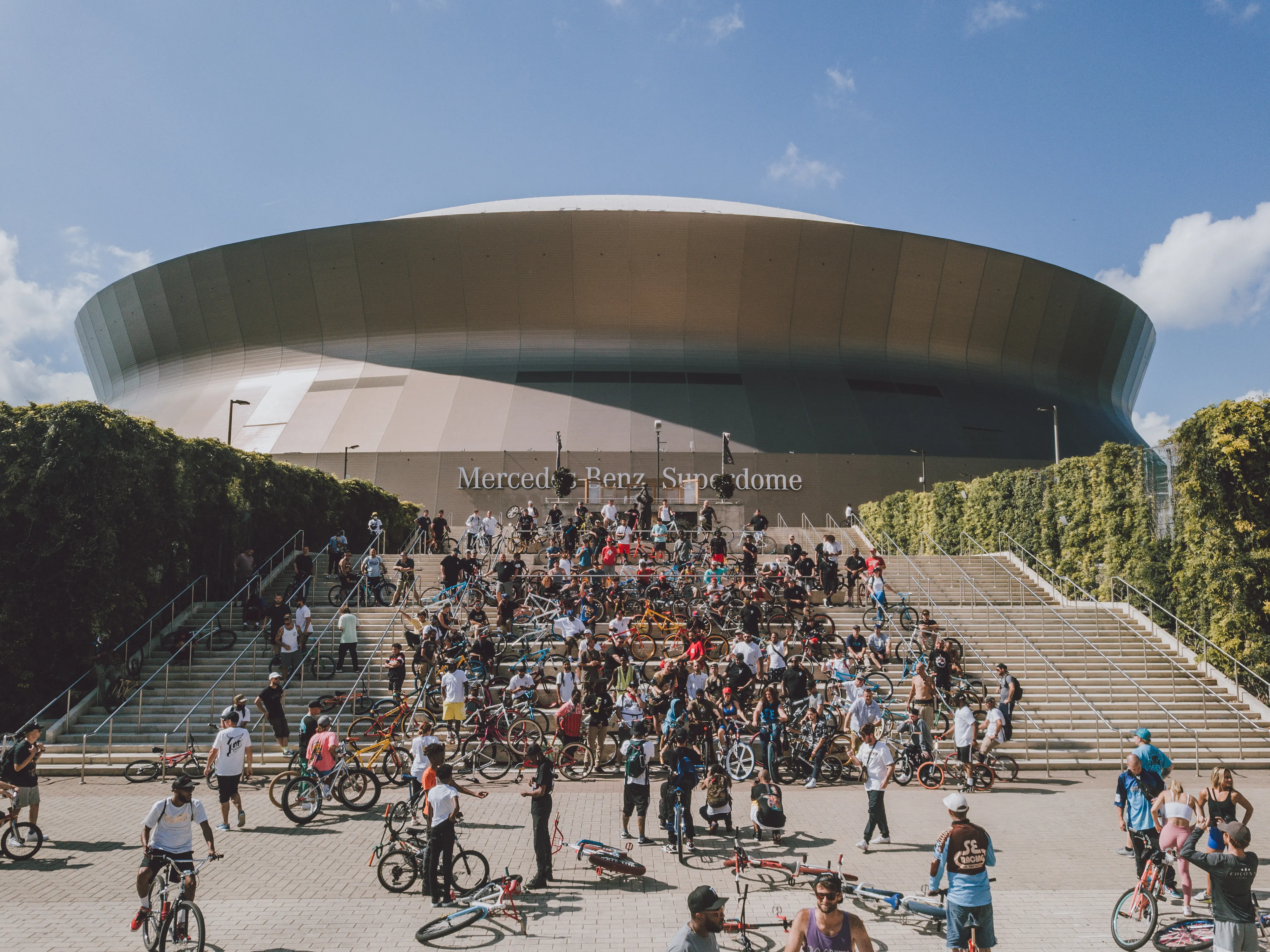 Hundreds of riders gathered with their bikes outside the Caesars Superdome in New Orleans